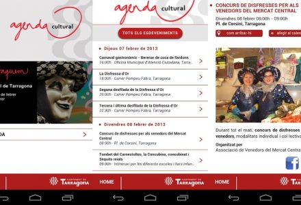 Captures de diferents pantalles de l'aplicació Agenda Cultural Tarragona