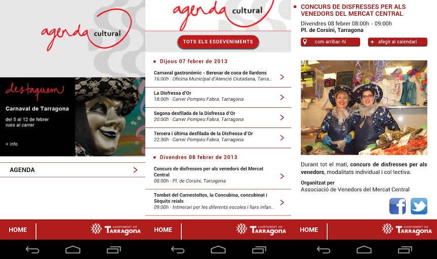 Captures de diferents pantalles de l'aplicació Agenda Cultural Tarragona