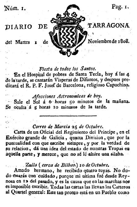 Primera pàgina del primer número del 'Diario de Tarragona', editat el dia 1-11-1808